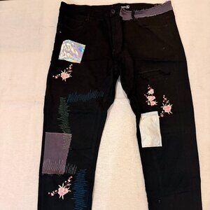 Black Custom Patch Distressed Jeans • Crysp Denim • Size 44 Big and Tall